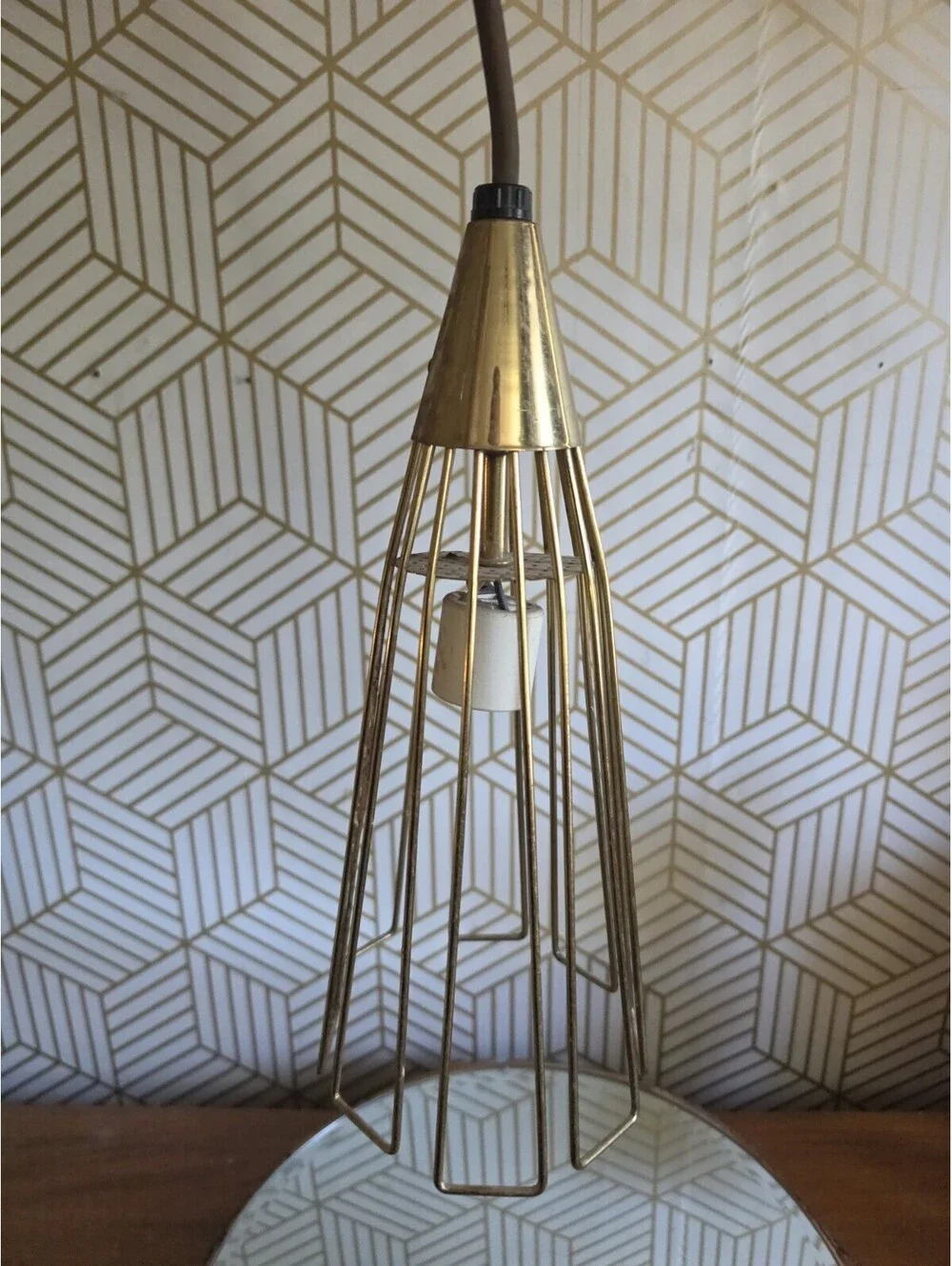 Vintage Midcentury Atomic Conical Wire Gold Cage Pendant Light Hanging Swag 50's